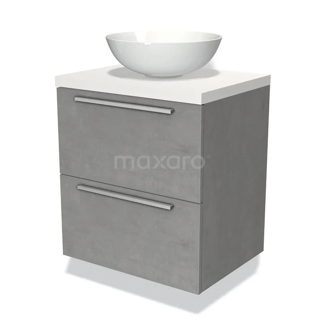 Grijze badkamermeubel met betonlook, twee lades en witte ronde waskom, perfect voor een stijlvolle en moderne badkamer.