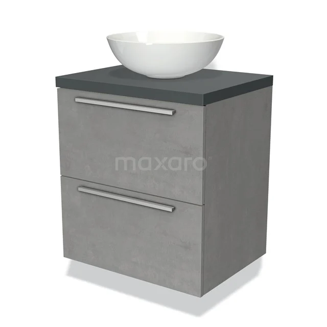 Grauer Badschrank mit zwei Schubladen, schwarzer Platte und weißem keramischen Aufsatzwaschbecken, ideal für stilvolle und praktische Badezimmergestaltung.