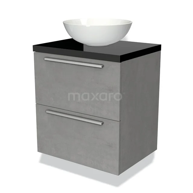 Grijze badkamermeubelset met zwarte bovenblad en witte waskom, twee lades en modern design.