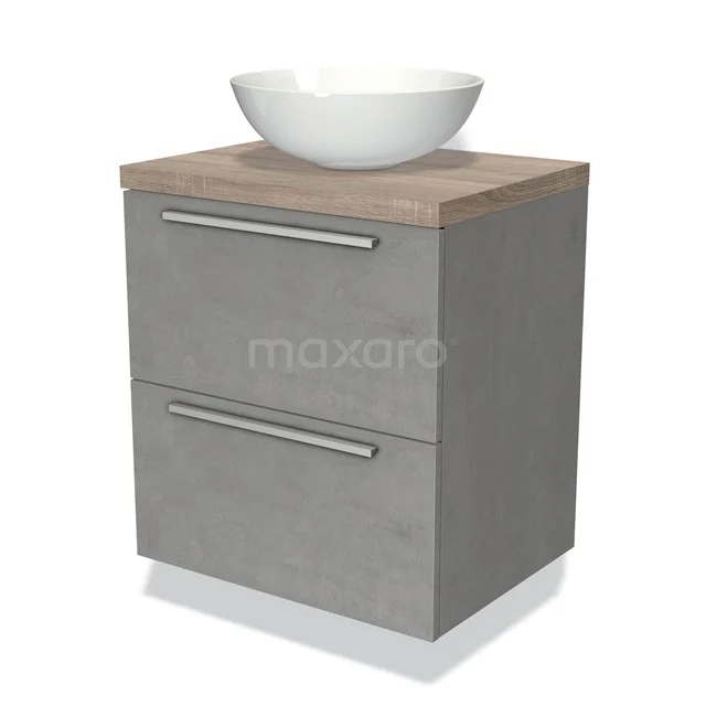 Grijze badkamermeubelset met twee lades, houten blad en witte ronde wastafel; ideaal voor moderne badkamerinrichting.