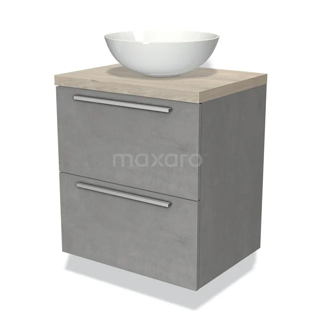 Grijs badkamermeubel met twee lades, houtlook blad en ronde wastafel; modern design, handig voor compacte badkamers.