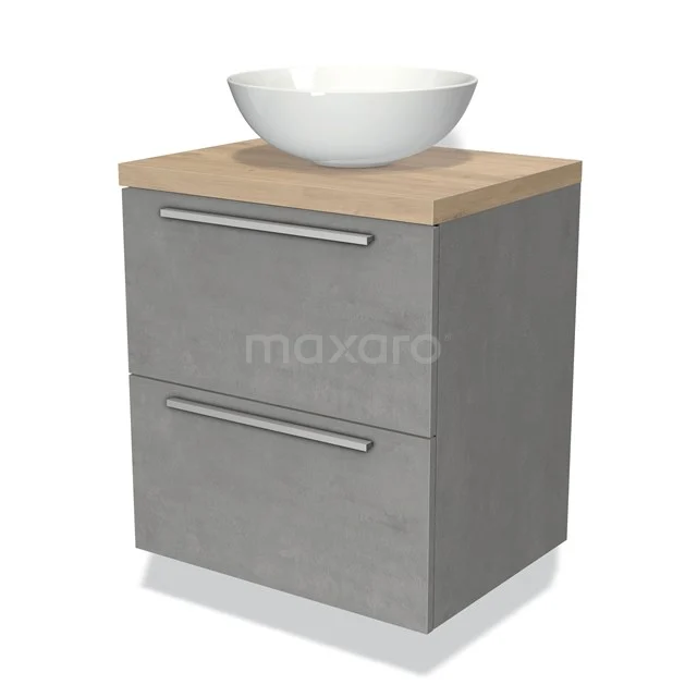 Compacte grijze badkamermeubelset met houten blad, geïntegreerde wastafel en twee lades. Modern en stijlvol badkamerdesign.