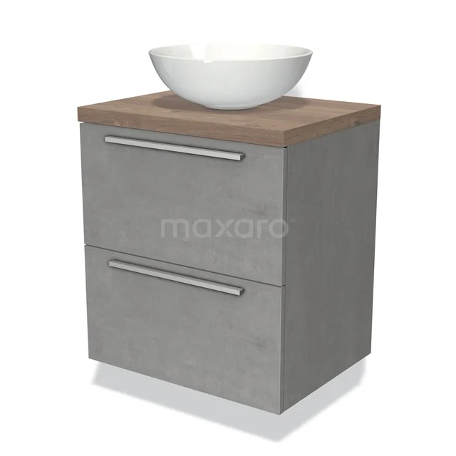 Modulo Plato Badmöbel mit Aufsatzwaschbecken | 60 cm Hellgrauer Beton Flach front Mittelbraune Eiche blatt 2 übereinanderliegende Schubladen BMK17-01710 Graue Badmöbelset mit Aufsatzwaschbecken, Holzplatte und zwei Schubladen; modernes Design für stilvolle Bäder.