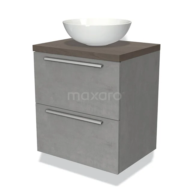 Grijze badkamermeubel met houtlook blad en witte komvormige wastafel, twee lades, modern design.