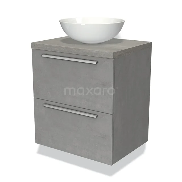 Modulo Plato Badmöbel mit Aufsatzwaschbecken | 60 cm Hellgrauer Beton Flach front Graue Eiche blatt 2 übereinanderliegende Schubladen BMK17-01712 Graue Badezimmermöbelset mit Betonlook, zwei Schubladen und einem stilvollen runden weißen Aufsatzwaschbecken obenauf.