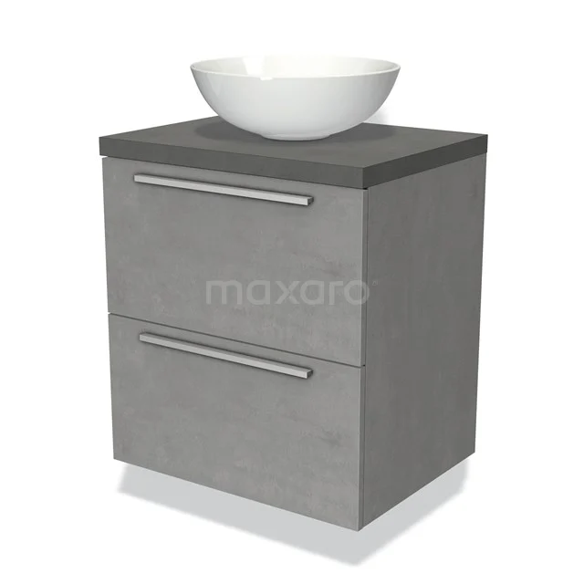 Graue Badmöbel mit zwei Schubladen und weißem rundem Waschbecken, modernes Design in Betonlook.