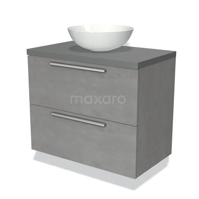 Grijs badkamermeubel met betonlook, twee lades en een witte waskom, ideaal voor een moderne badkamerinrichting.