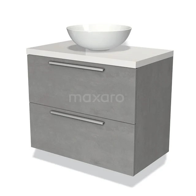 Grijze badkamermeubel met witte wastafel, twee lades en strak design. Perfect voor moderne badkamers.