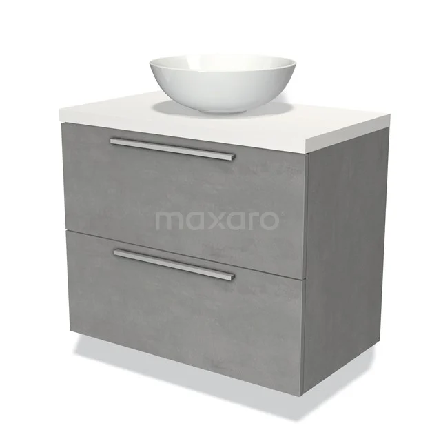 Grijs badkamermeubel met twee lades, een witte wastafelkom en RVS handgrepen, modern design met betonlook.