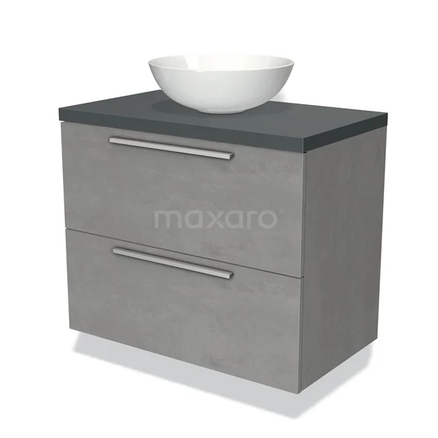Grijze wastafelonderkast met twee lades, zwarte top en witte komvormige wasbak, ideaal voor een moderne badkamer.