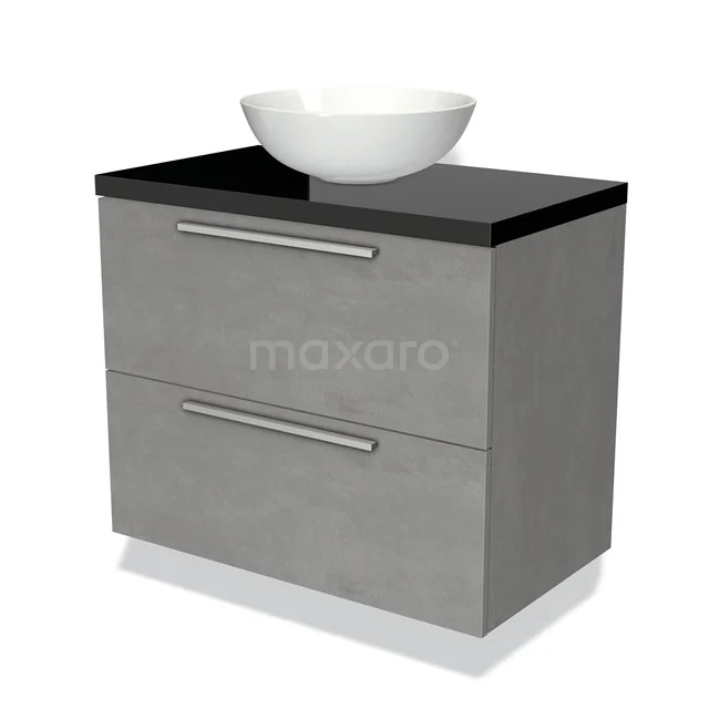 Grijs betonnen badkamermeubel met zwarte bovenkant en witte ovalen waskom, modern design met dubbele lades.