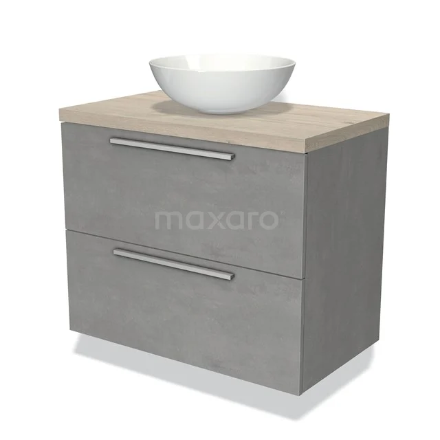 Grijze wastafelmeubel met houtlook blad, keramische opzetwaskom en twee lades; modern badkamerdesign.