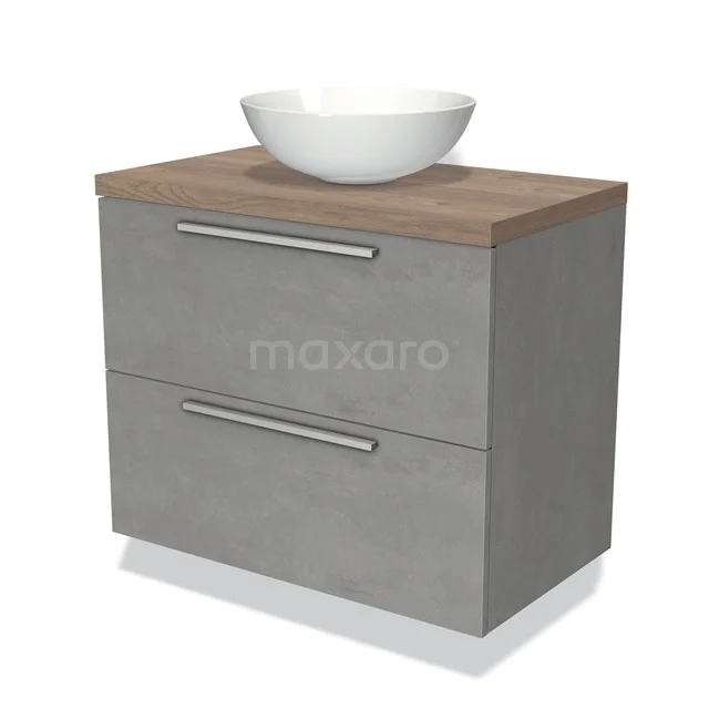 Grijze badkamermeubelset met twee lades, houten blad en witte waskom; modern en stijlvol design voor uw badkamer.