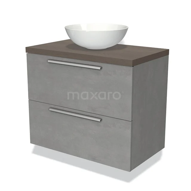 Grijze badkamermeubelset met betonlook, houten blad en witte waskom, ideaal voor een moderne badkamer inrichting.