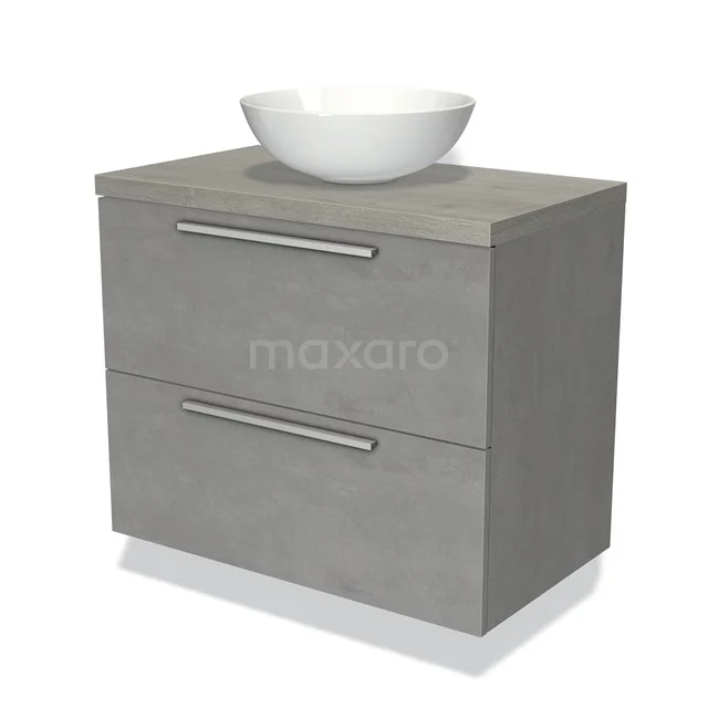 Grijze badkamermeubelset met twee lades en witte ronde wastafel, modern betonlook design voor een stijlvolle badkamer.