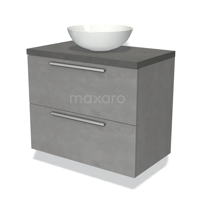 Grijze badkamerkast met wastafel, modern design, betoneffect afwerking, twee lades, ideaal voor stijlvolle badkameropslag.
