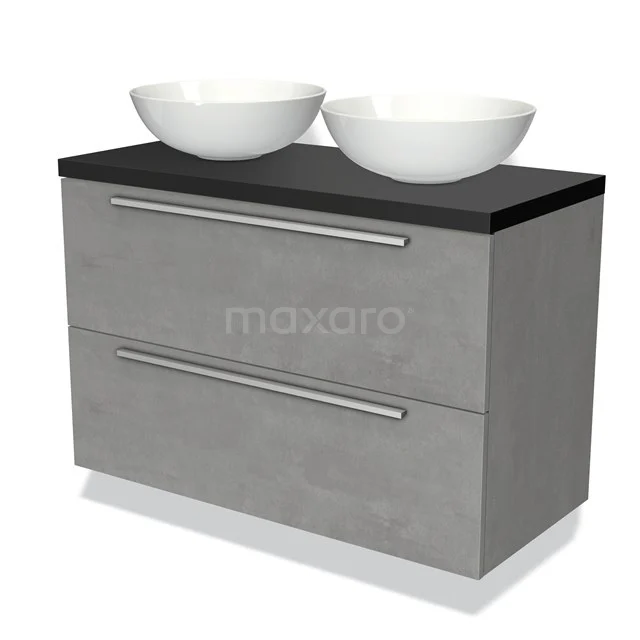 Grijze badkamermeubelset met 2 lades, zwart blad en 2 witte keramische waskommen, modern design.