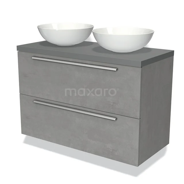 Graue Badmöbelset mit Betonlook, zwei weißen Aufsatzwaschbecken und Edelstahl Haltegriffen, ideal für moderne Badezimmergestaltung.