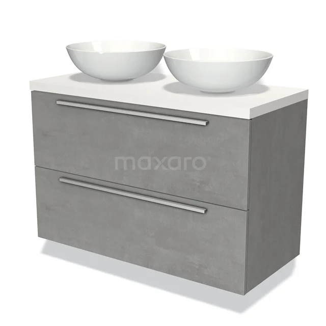 Grijze badkamermeubelset met dubbele witte wastafel, strak design, betonnen look, twee lades voor praktische opbergruimte.