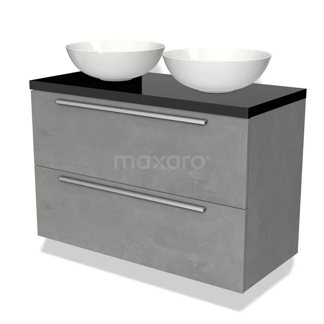 Badmöbel für Waschtischunterschrank mit Konsole 100cm Modulo Plato hellgrauer Beton 2 Schubladen Flach Hochglanz Schwarz Platte BMK17-01732 Grauer Badschrank mit Doppelwaschbecken, schwarzer Platte und weißen runden Schalen, modernes Design und schlichte Metallgriffe.