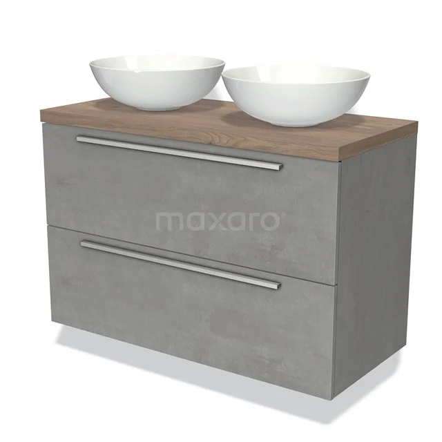 Badmöbel für Aufsatzwaschbecken 100cm Modulo Plato Hellgrauer Beton 2 Schubladen Flach Mittelbraune Eiche Blatt BMK17-01736 Moderne Badmöbelset mit zwei weißen Waschbecken, Betonlook-Schrank und Holzplatte, ideal für ein stilvolles Badezimmer.