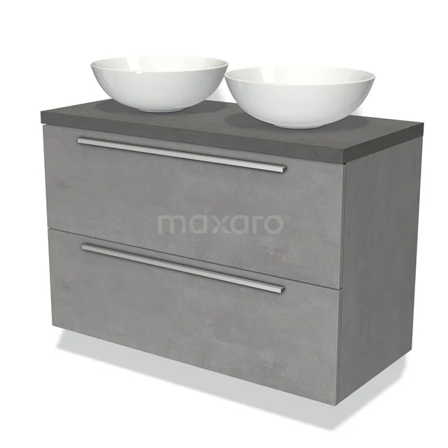 Graue Badmöbelset mit Doppelwaschbecken, modernes Design, Betonlook-Oberfläche und geräumigen Schubladen.