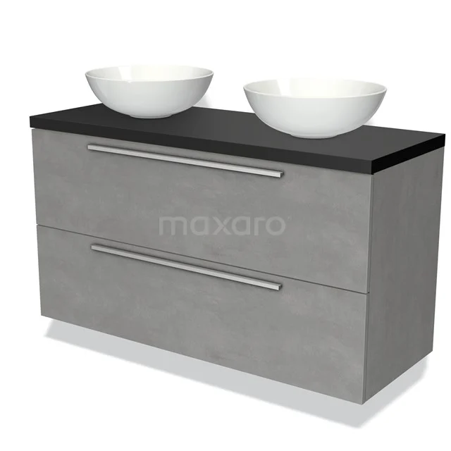 Grijze badkamermeubelset met betonlook, twee keramische waskommen en chromen grepen voor een moderne badkamerstijl.