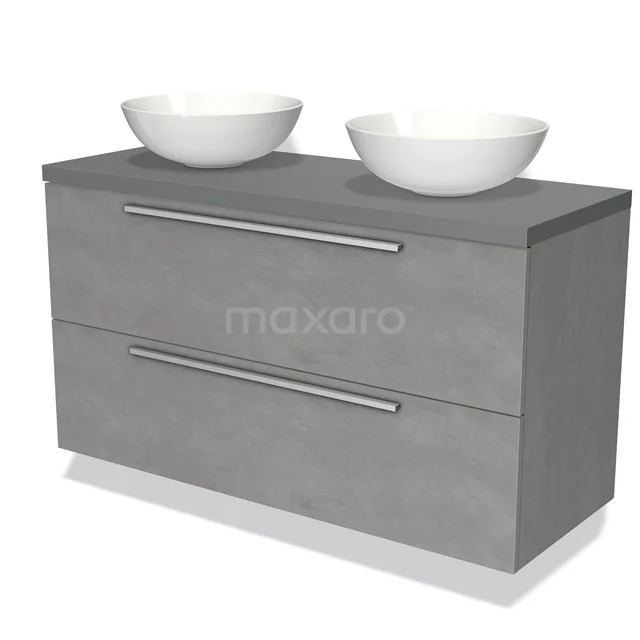 Grijze badkamermeubelset met twee witte keramische waskommen, modern ontwerp en metaalgrepen, ideaal voor stijlvolle badkamers.