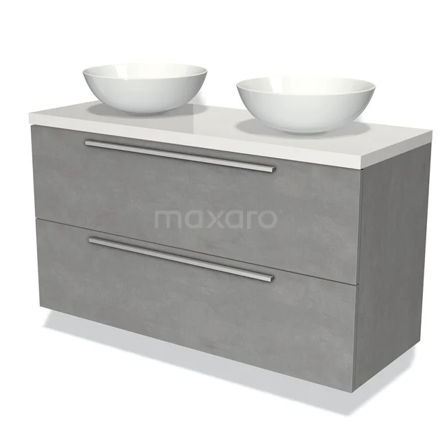 Grijze hangende badkamermeubel set met twee keramische waskommen, strak design en softclose lades.