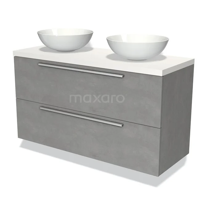 Grijze badkamerkast met twee lades, witte dubbele wastafel van keramiek en modern design. Perfect voor een stijlvolle badkamer.