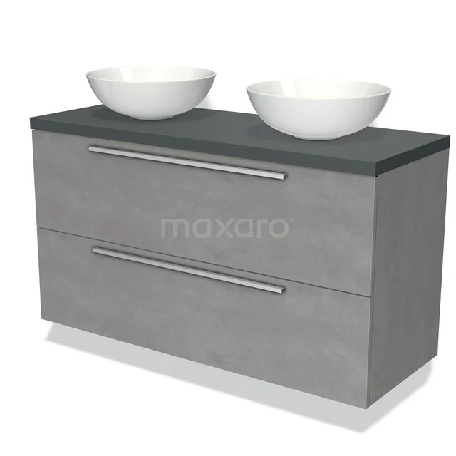 Grijze badkamermeubelset met dubbele wastafelkommen, betonnen look en moderne design, ideaal voor stijlvolle badkamers.