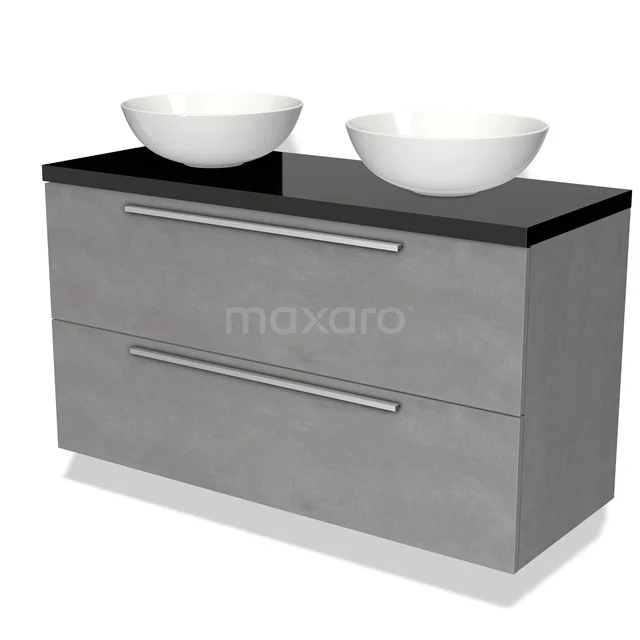 Grijs betonlook badkamermeubel met zwarte bovenplaat en dubbele witte wastafels, perfect voor modern badkamerdesign.