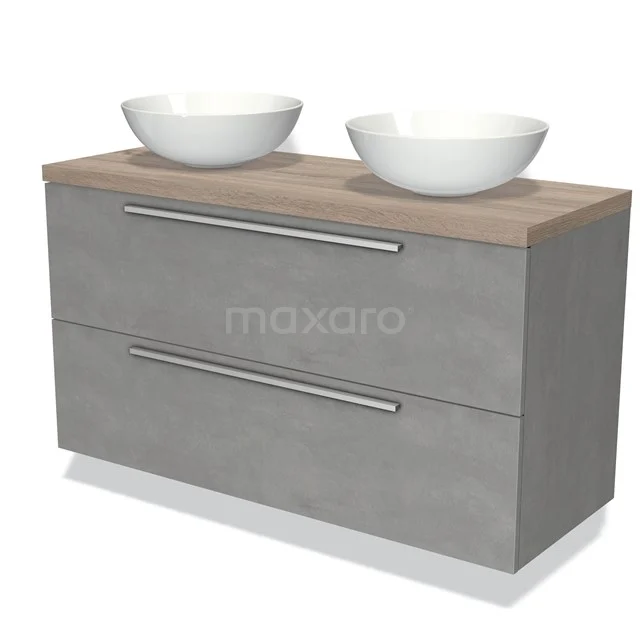 Beton-look badkamermeubel met houtfineer blad, dubbele witte waskommen en twee brede lades met strakke handgrepen.
