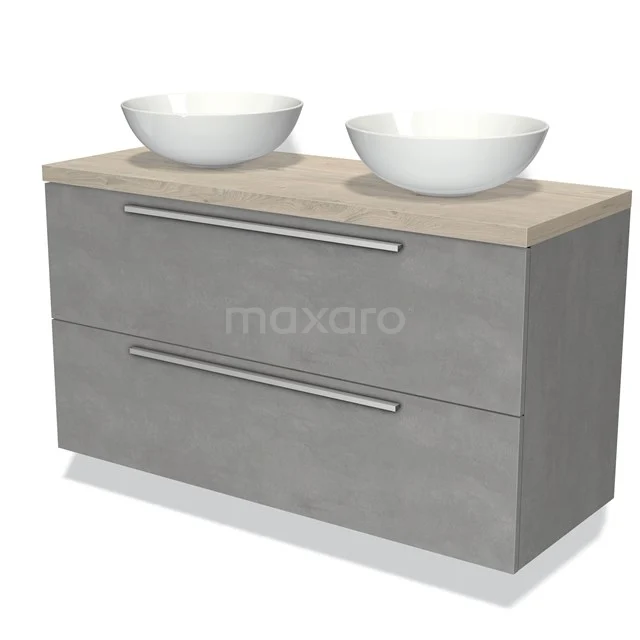 Grijze badkamermeubel met houten blad, dubbele wastafelkommen en metalen handgrepen, moderne serie voor stijlvolle badkamers.