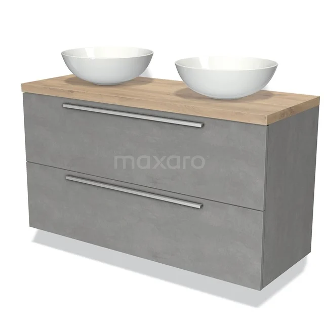 Dubbele wastafelmeubel in betonlook met houten blad en twee keramische waskommen, moderne stijl voor de badkamer.