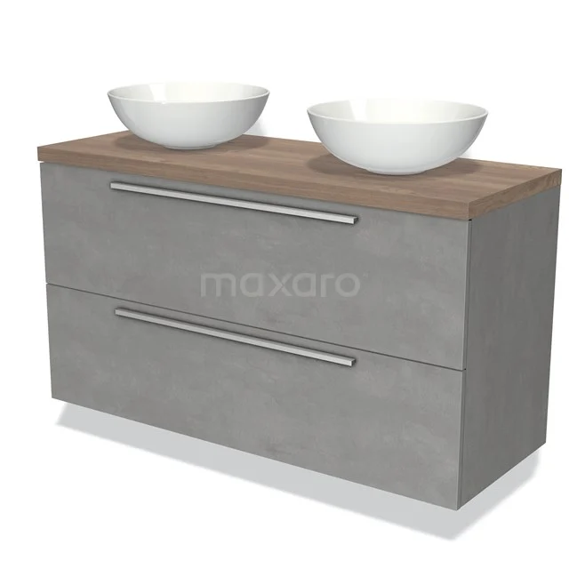 Grijze wastafelmeubel met houtlook blad, dubbele waskommen en lades, perfect voor een moderne badkamerinrichting.