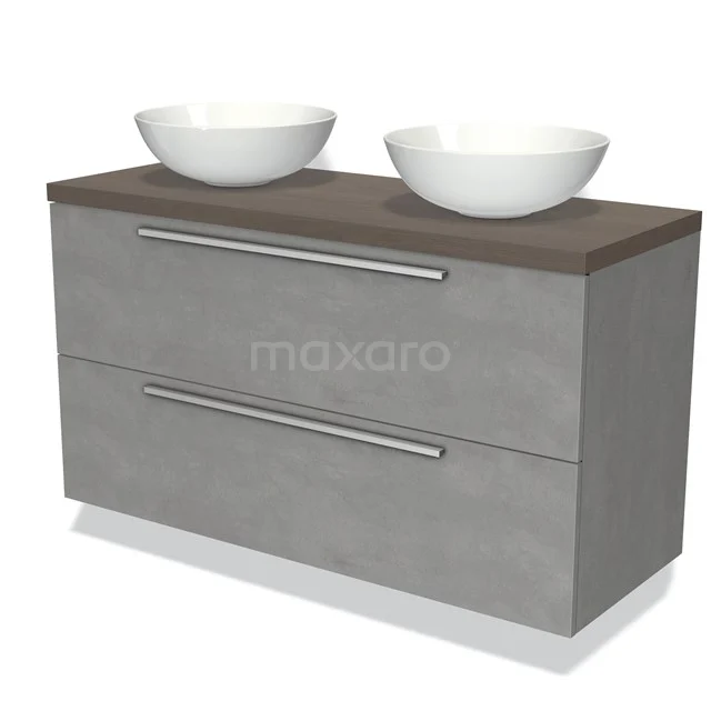 Modulo Plato Vanity units for countertop basin | 120 cm Light grey concrete Flat front Dark brown oak worktop 2 Stacked drawers BMK17-01750