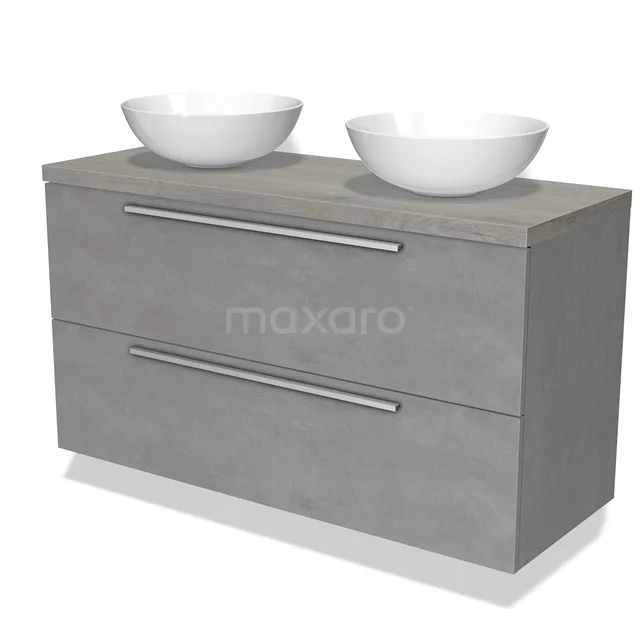 Grauer Badschrank mit zwei Waschbecken, modernes Design, robuste Griffen, ideal für eine stilvolle Badezimmergestaltung.