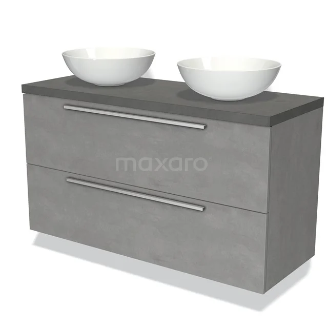 Grijze badkamermeubelset met betonlook, twee lades en dubbele witte waskommen, modern design.