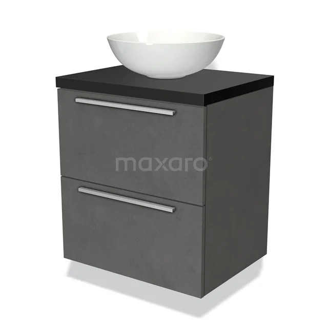 Badmöbel für Waschtischunterschrank mit Konsole 60cm Modulo Plato Dunkelgrau Beton 2 Schubladen Flach Matt Schwarz Platte BMK17-01753 Grauer Badschrank mit zwei Schubladen und einer weißen Keramikschüssel, modernes Design und ideal für stilvolle Badezimmerlagerung.