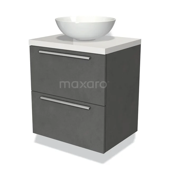 Badmöbel für Waschtischunterschrank mit Konsole 60cm Modulo Plato Dunkelgrau Beton 2 Schubladen Flach Hochglanz Weiß Platte BMK17-01755 Grauer Badschrank mit weißem Aufsatzwaschbecken, zwei Schubladen und einer modernen Ausführung aus laminiertem Holz.