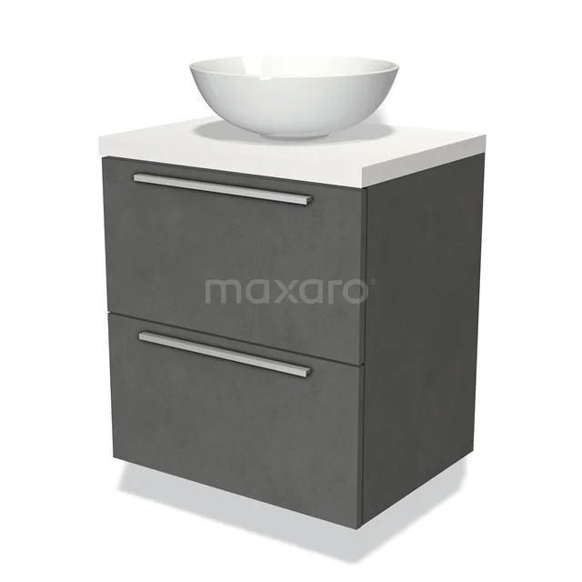 Graues Waschtischmöbel mit weißem Aufsatzwaschbecken, zwei Schubladen und klarem Design, perfekt für moderne Bäder.