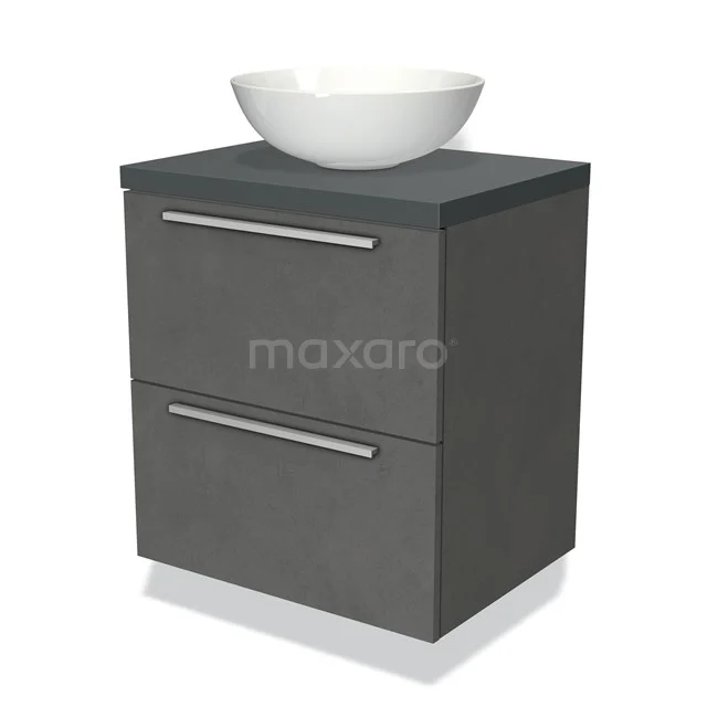 Grauer Badschrank mit dunkler Betonoptik, zwei Schubladen und einem weißen Aufsatzwaschbecken; modernes Design für ein stilvolles Badezimmer.