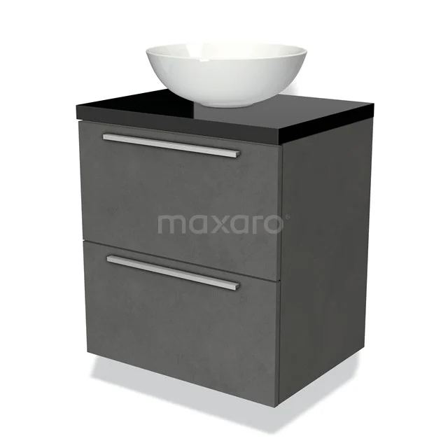 Graue Badmöbel mit zwei Schubladen, schwarzer Platte und weißem keramischen Aufsatzwaschbecken. Modernes Design, ideal für jedes Badezimmer.