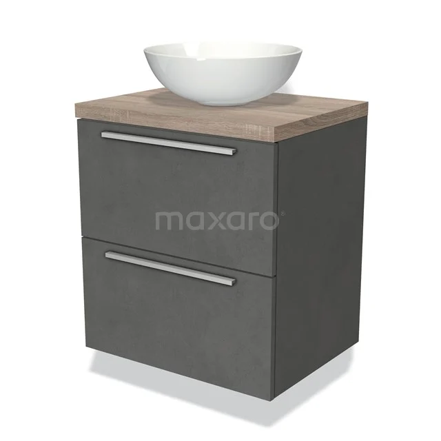 Modulo Plato Vanity units for countertop basin | 60 cm Dark grey concrete Flat front Oak worktop 2 Stacked drawers BMK17-01759