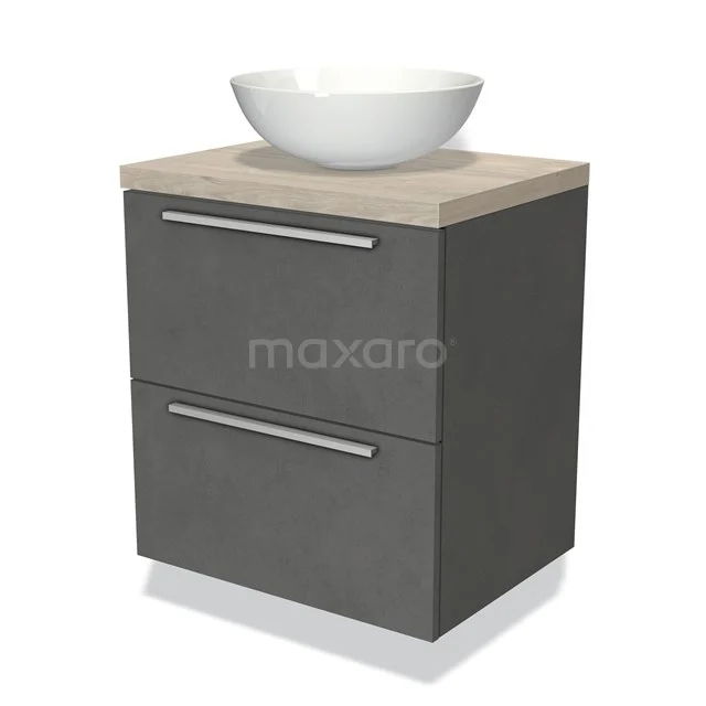 Modulo Plato Vanity units for countertop basin | 60 cm Dark grey concrete Flat front Light grey oak worktop 2 Stacked drawers BMK17-01760