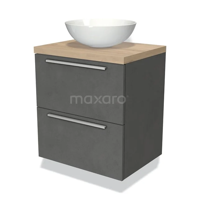 Modulo Plato Vanity units for countertop basin | 60 cm Dark grey concrete Flat front Light brown oak worktop 2 Stacked drawers BMK17-01761