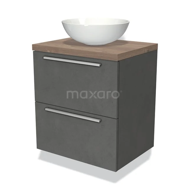 Modulo Plato Vanity units for countertop basin | 60 cm Dark grey concrete Flat front Mid brown oak worktop 2 Stacked drawers BMK17-01762