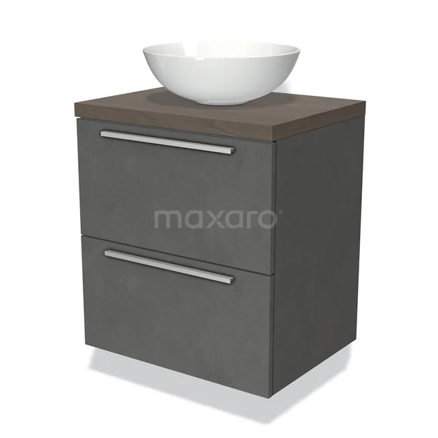 Badmöbel für Aufsatzwaschbecken 60cm Modulo Plato Dunkelgrauer Beton 2 Schubladen Flach Dunkelbraune Eiche Platte BMK17-01763 Kompakter Badschrank in Anthrazit mit Holzoptik-Oberfläche und weißem Keramik-Waschbecken, modernes Design mit zwei Schubladen.