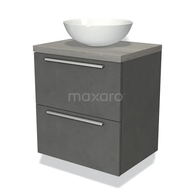 Graue Badmöbelset mit zwei Schubladen und einem weißen, runden Aufsatzwaschbecken; modernes Aussehen, geeignet für kleine Bäder.